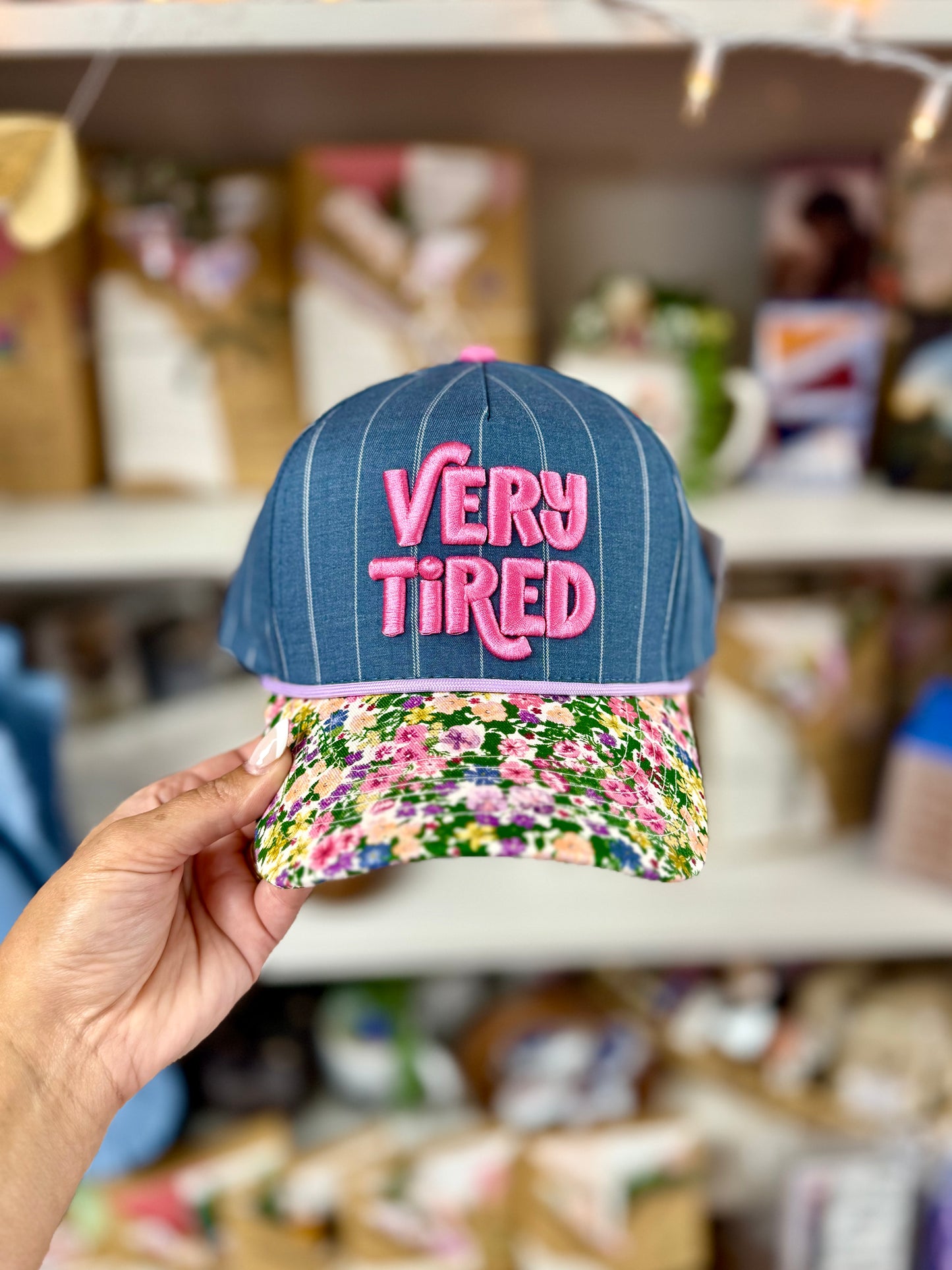 very tired puff print embroidered hat