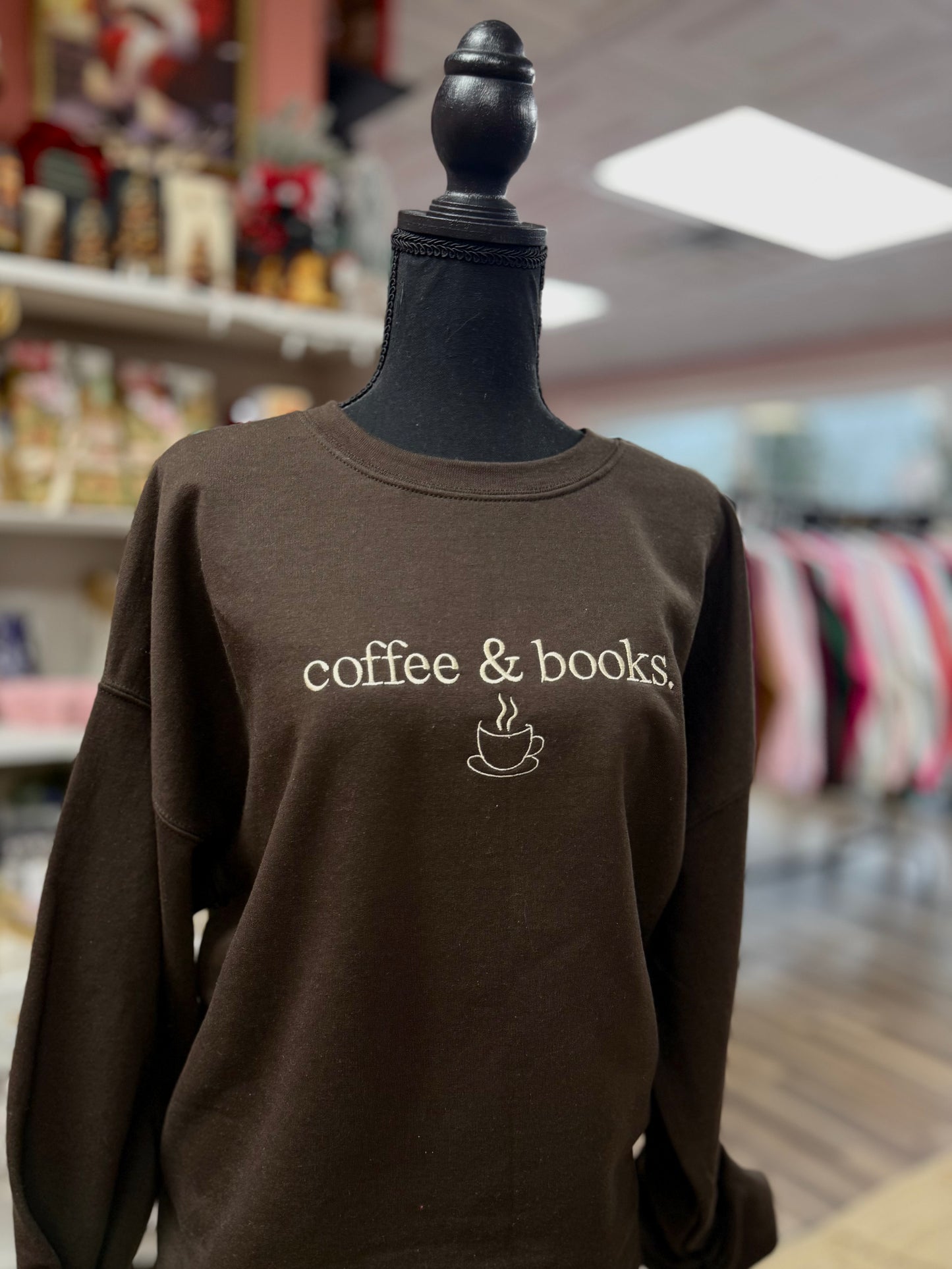 books & coffee - embroidered sweatshirt