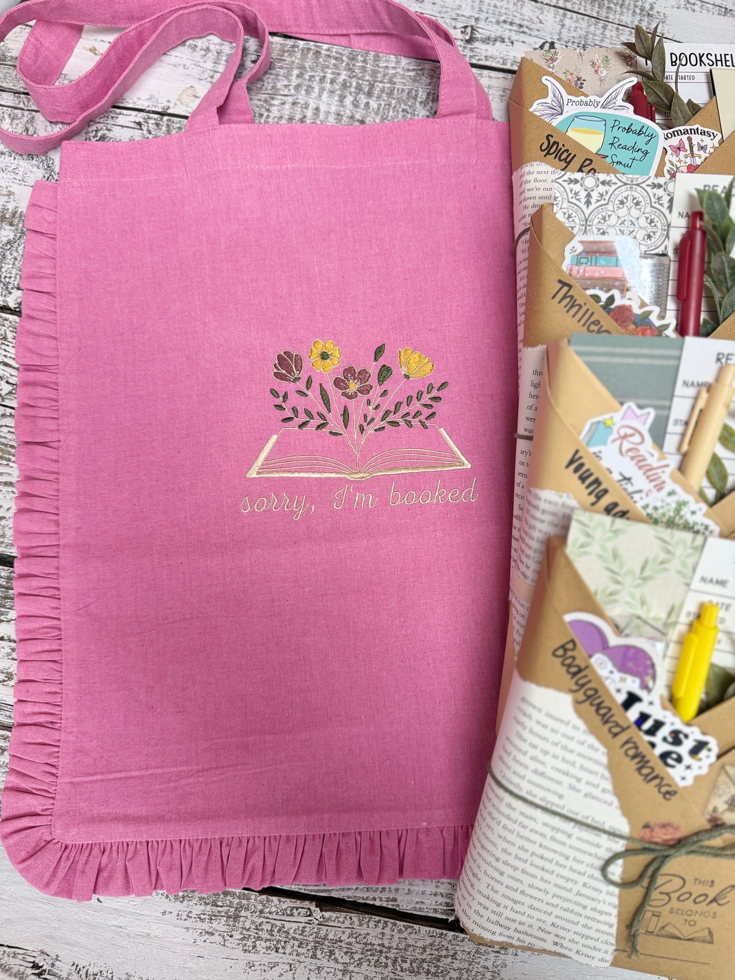 sorry I’m booked embroidered canvas bag