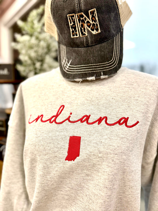 indiana with state shape - embroidered sweatshirt