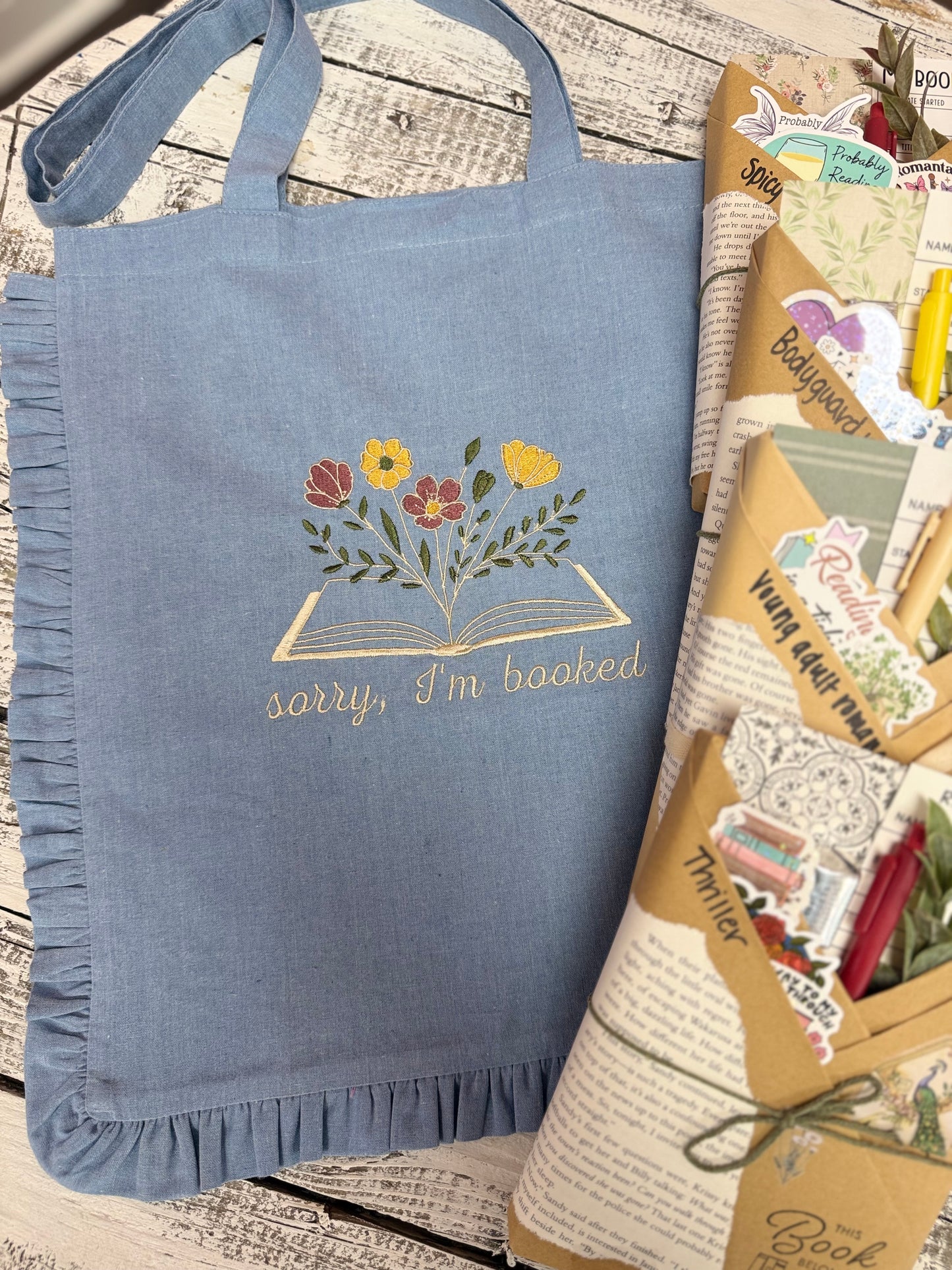 sorry I’m booked embroidered canvas bag