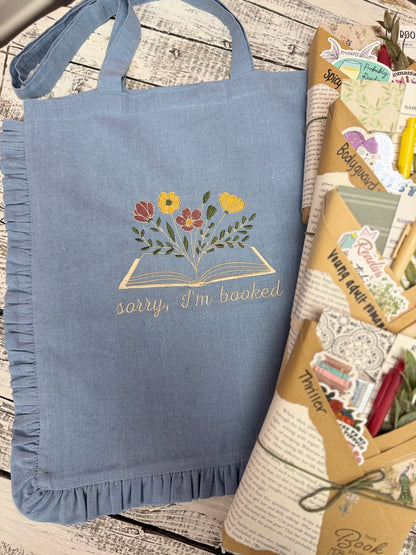 sorry I’m booked embroidered canvas bag