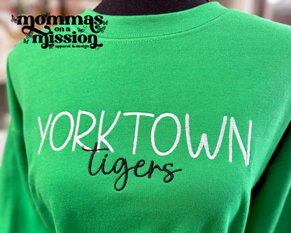 yorktown tigers green - embroidered sweatshirt