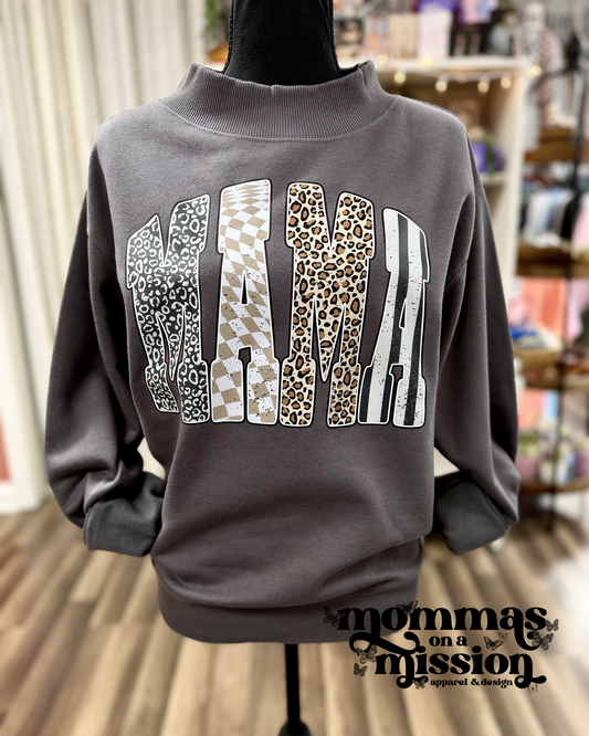 mama patterned letters on charcoal mockneck