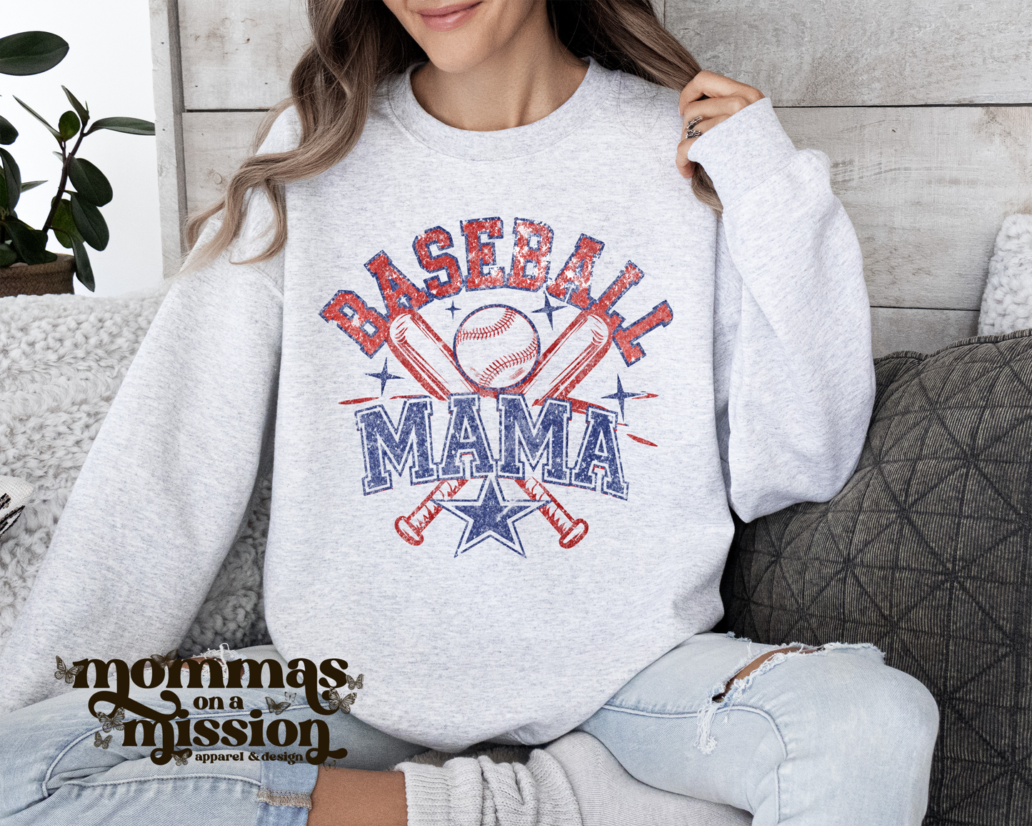 distressed baseball mama with bats and ball