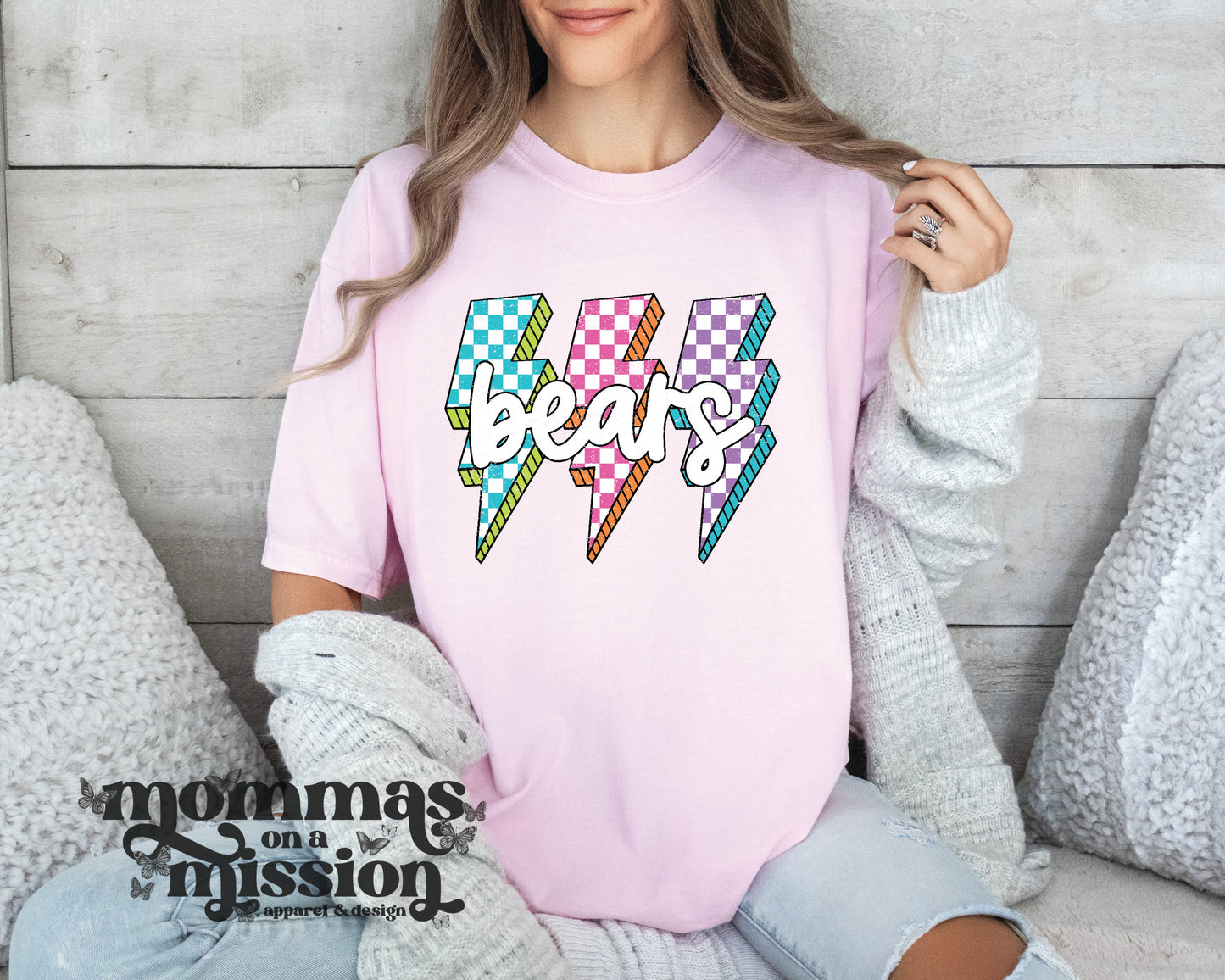 neon checkered bears with lightning bolts (youth)