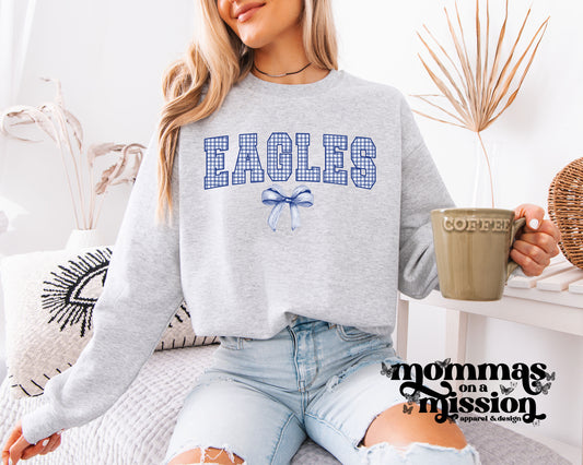 blue and white check eagles with bow