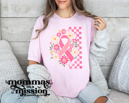 breast cancer ribbon floral checkered