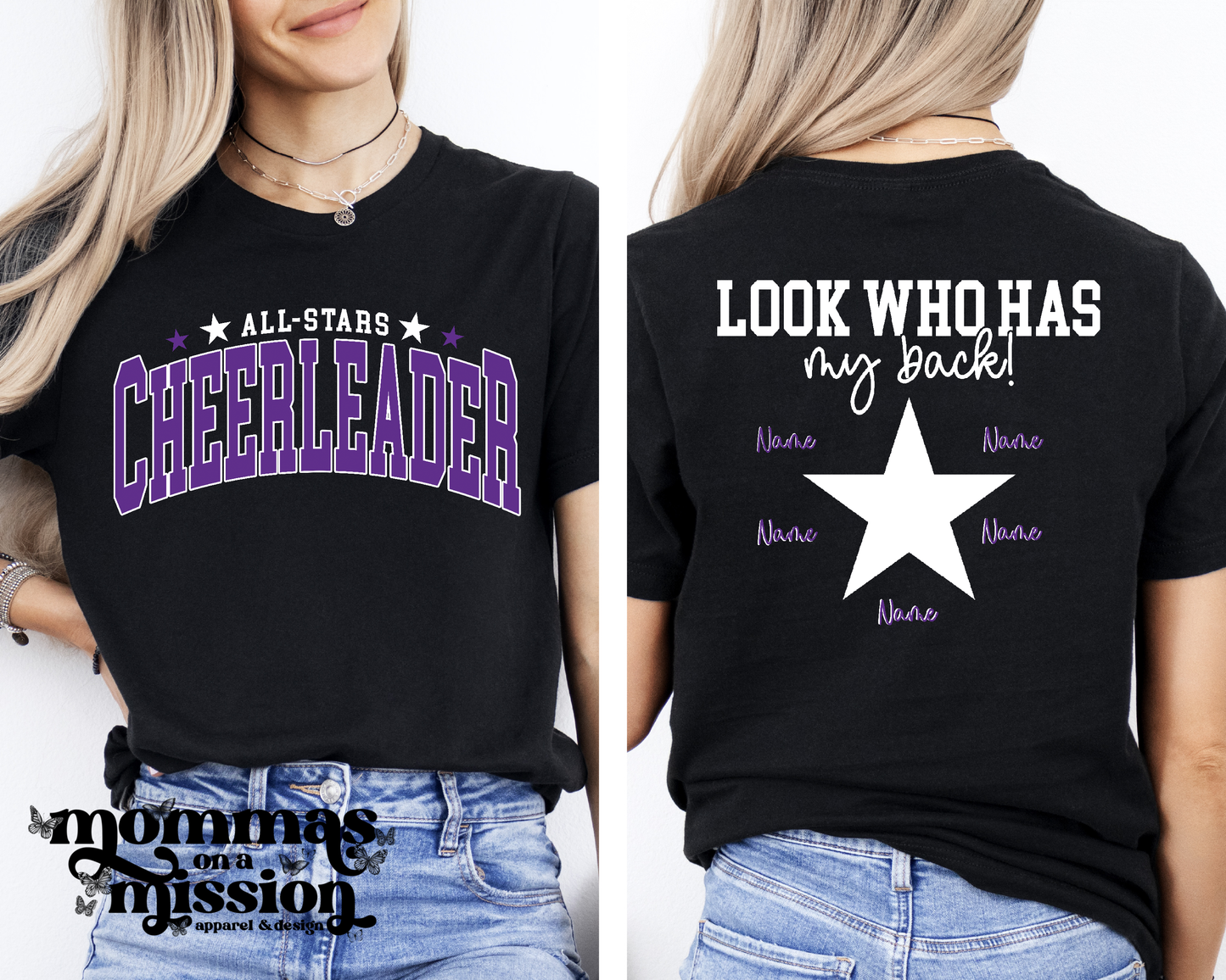 all stars cheerleader/who has my back tee (youth)