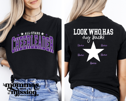 all stars cheerleader/who has my back tee (youth)