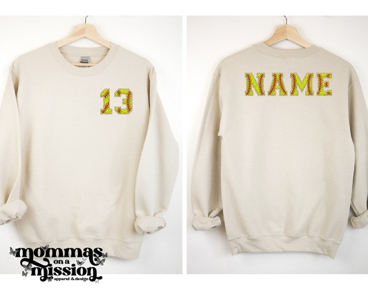 faux chenille softball numbers monogram with & last name on back - custom