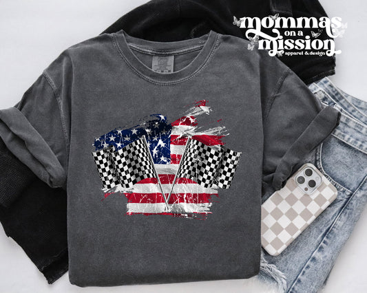 american flag and racing flags