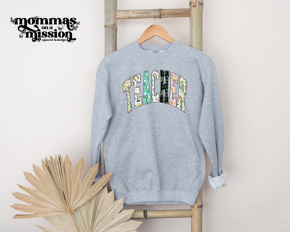 teacher in varsity font