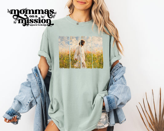 jesus walking through flowers brushstrokes