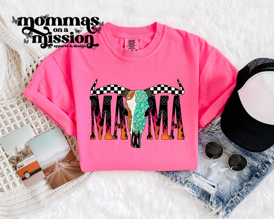 checkered/flame mama with cattle skull