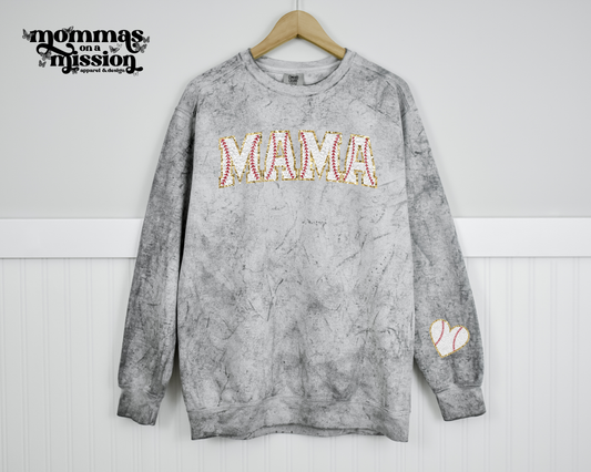 faux chenille baseball mama with heart on sleeve