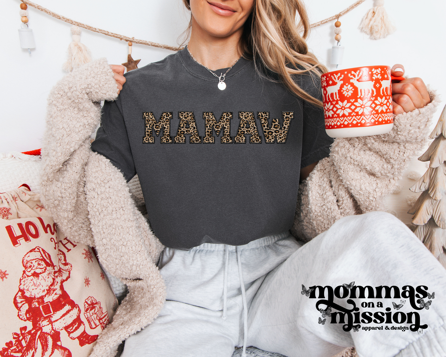 mamaw faux embroidered leopard letters
