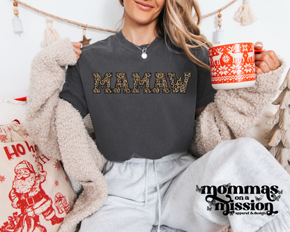 mamaw faux embroidered leopard letters