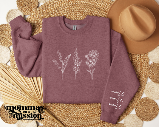 birth flower and children's name crewneck - solid color outline