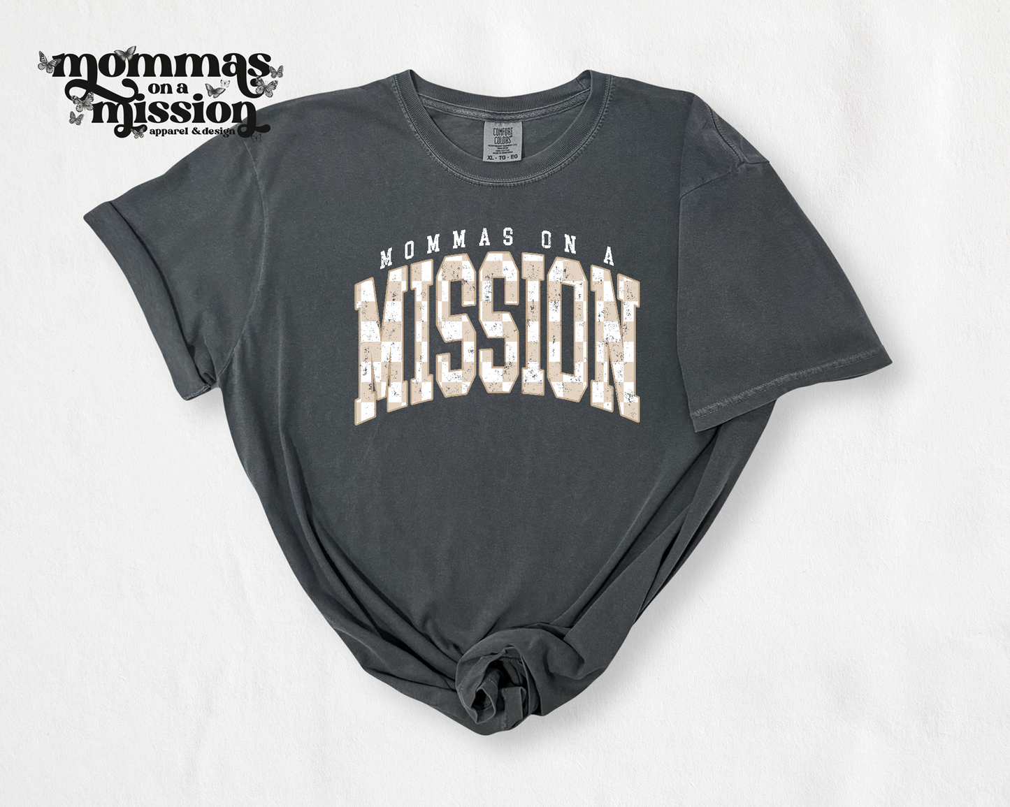 mommas on a mission neutral checkered logo