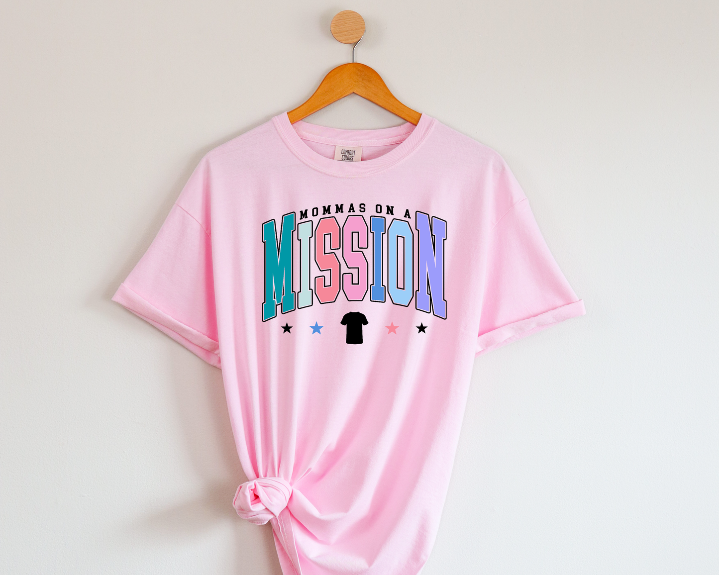 mommas on a mission collegiate multi colored with shirt logo