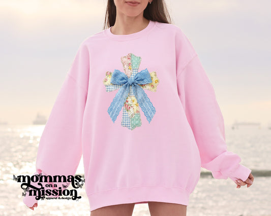 cross floral faux patchwork with lace bow