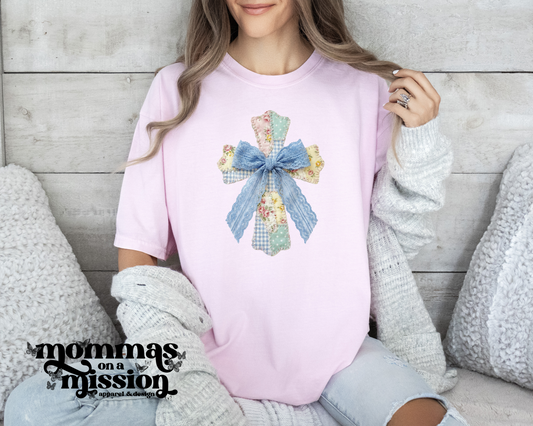 cross floral faux patchwork with lace bow (youth)
