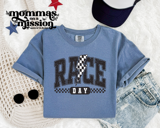 race day with checkered bolt
