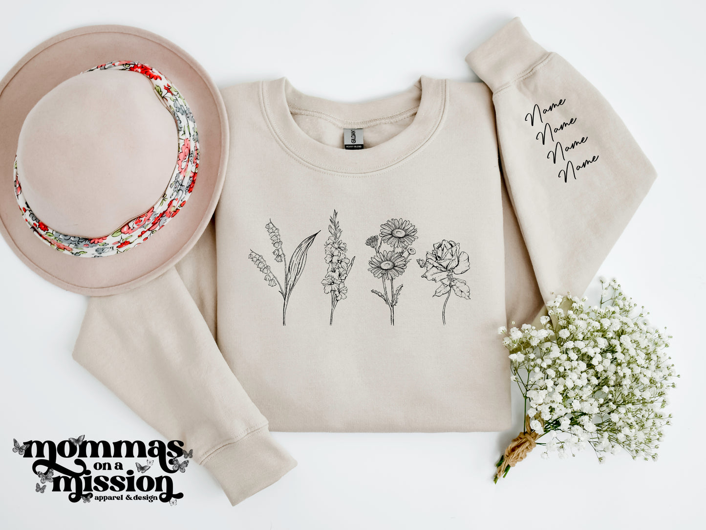 birth flower and children's name crewneck - solid color outline