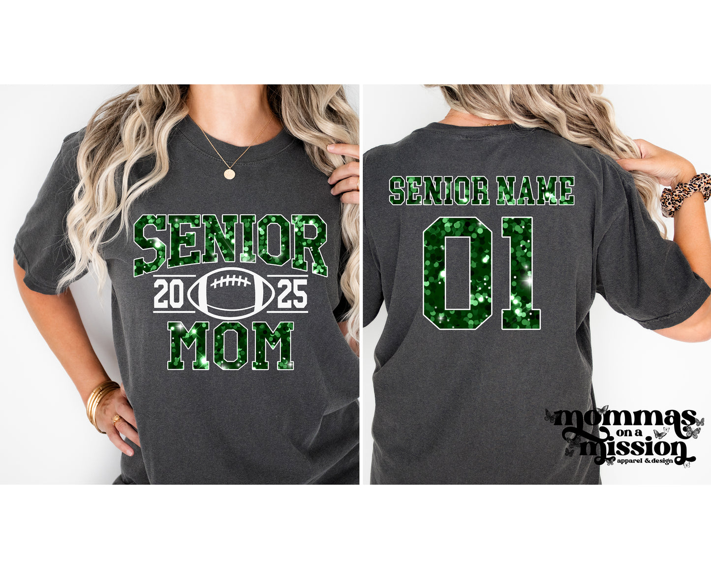 senior football mom 2025 in green glitter