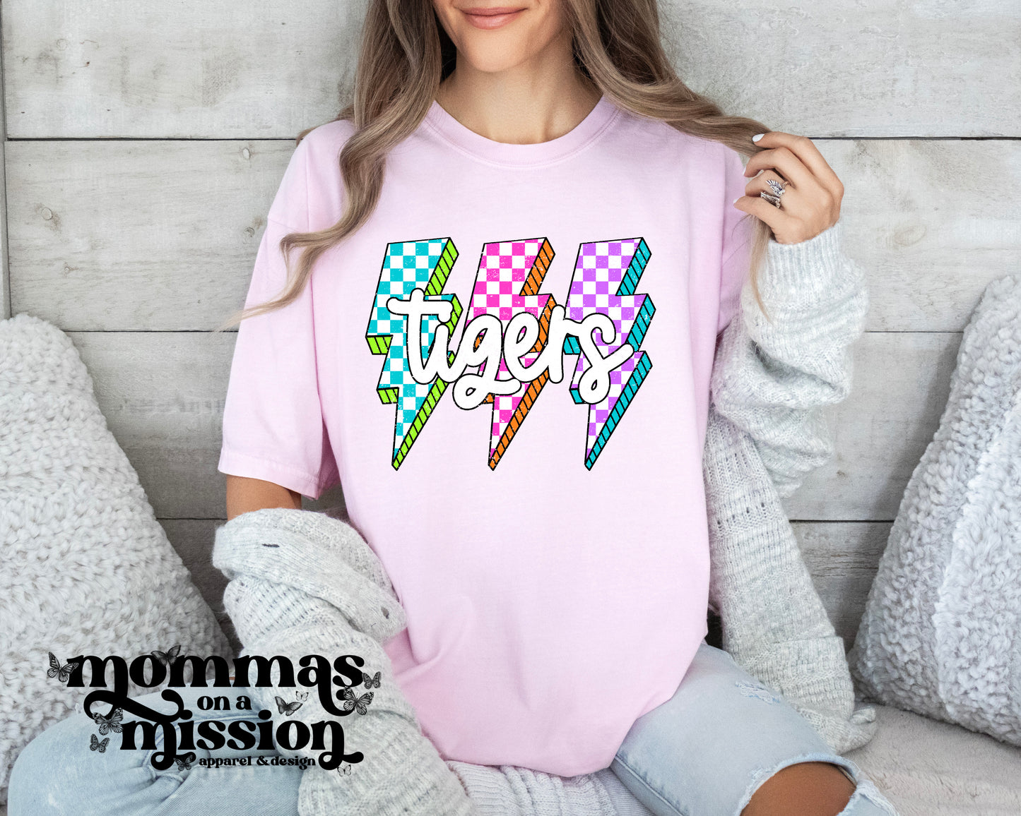 neon checkered tigers with lightning bolts