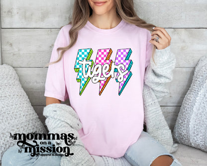 neon checkered tigers with lightning bolts