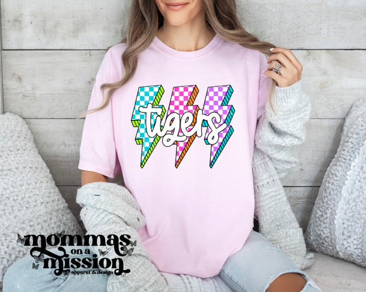 neon checkered tigers with lightning bolts