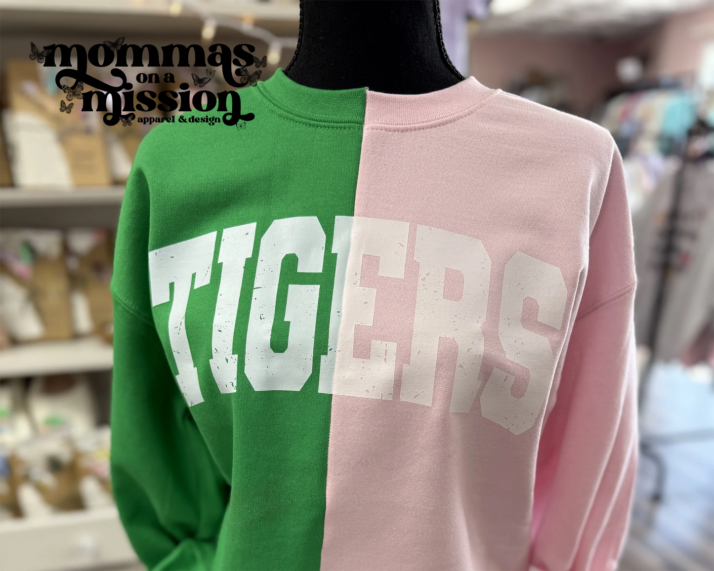 two tone tigers crewneck - green and pink