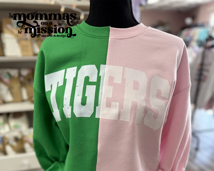 two tone tigers crewneck - green and pink