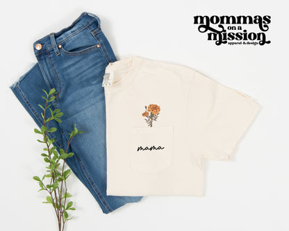 birth flower pocket mama - comfort color pocket tee