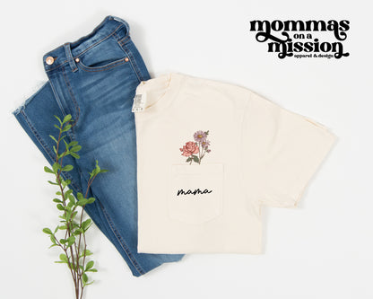 birth flower pocket mama - comfort color pocket tee