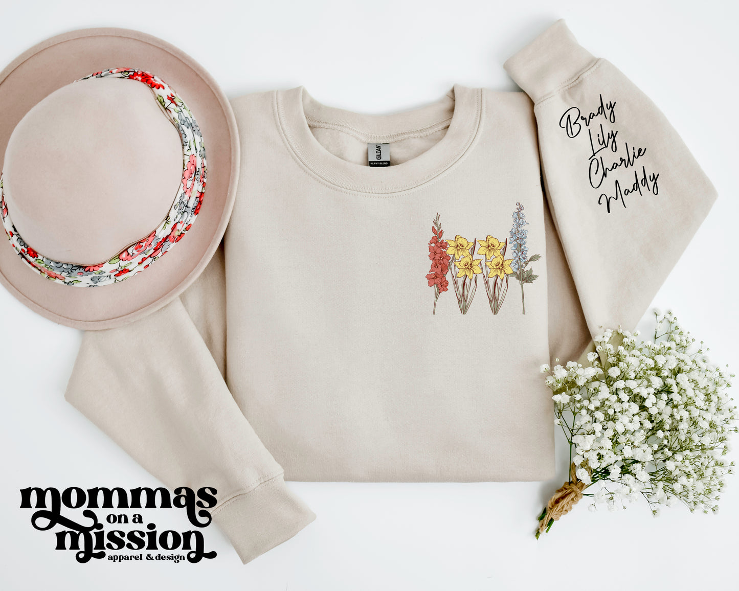 birth flower and children's name crewneck - full color