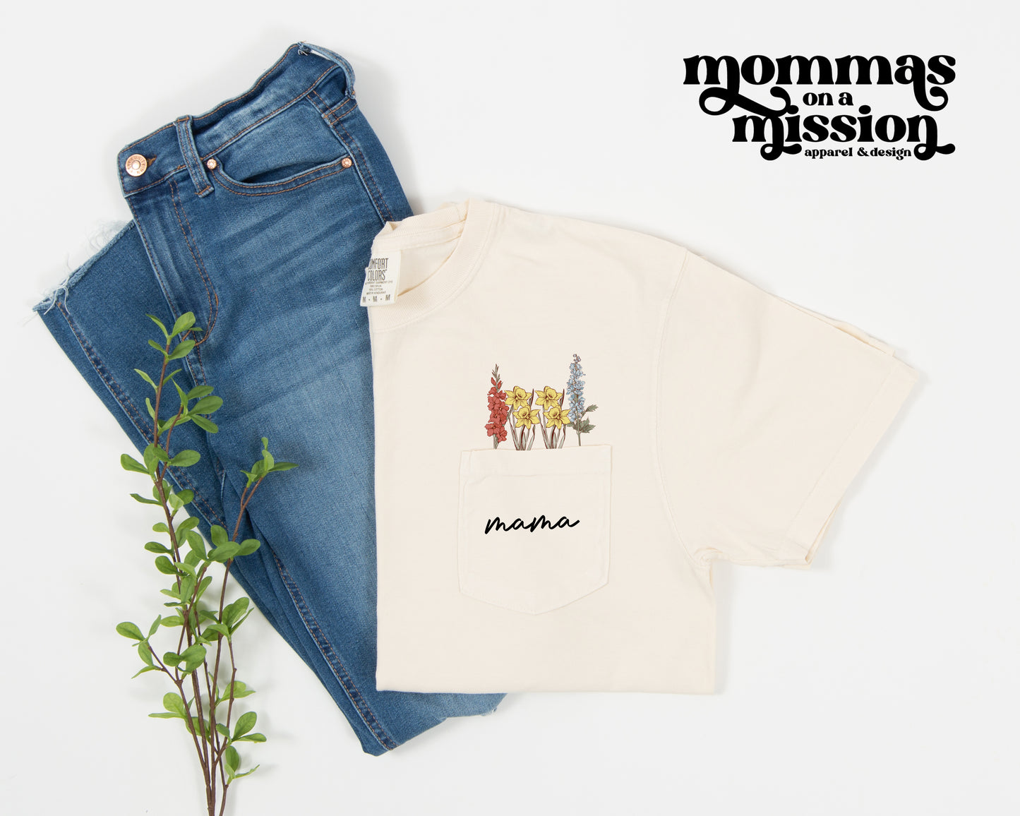 birth flower pocket mama - comfort color pocket tee